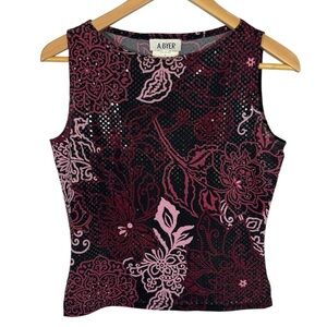 Vintage 90s Sleeveless Sequin Top Sz L Black Pink Floral Stretch Tank Shirt GUC